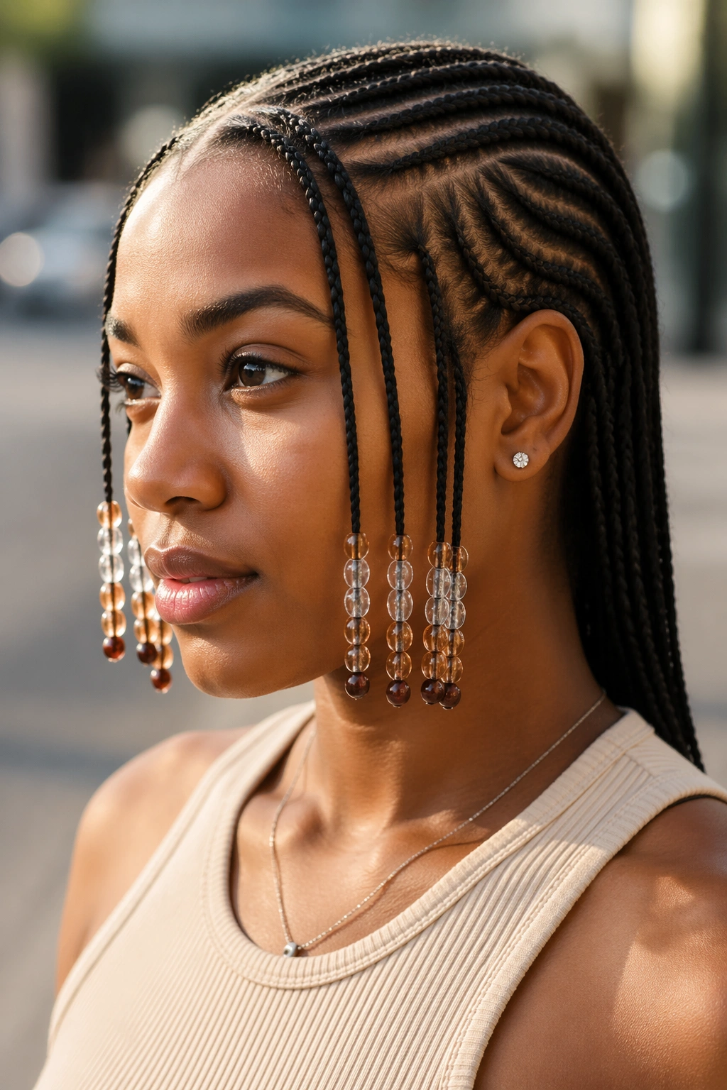 Close-up of a real woman with beaded front cornrows and plain back braids