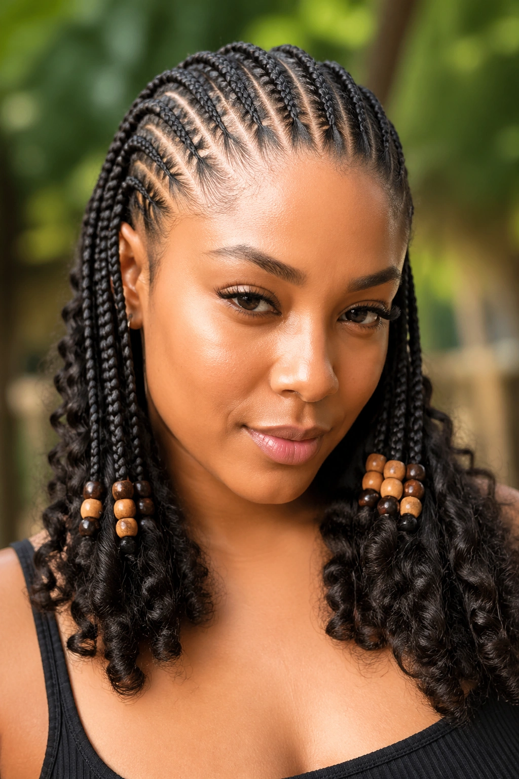 Real woman with beaded cornrows at the transition to curls