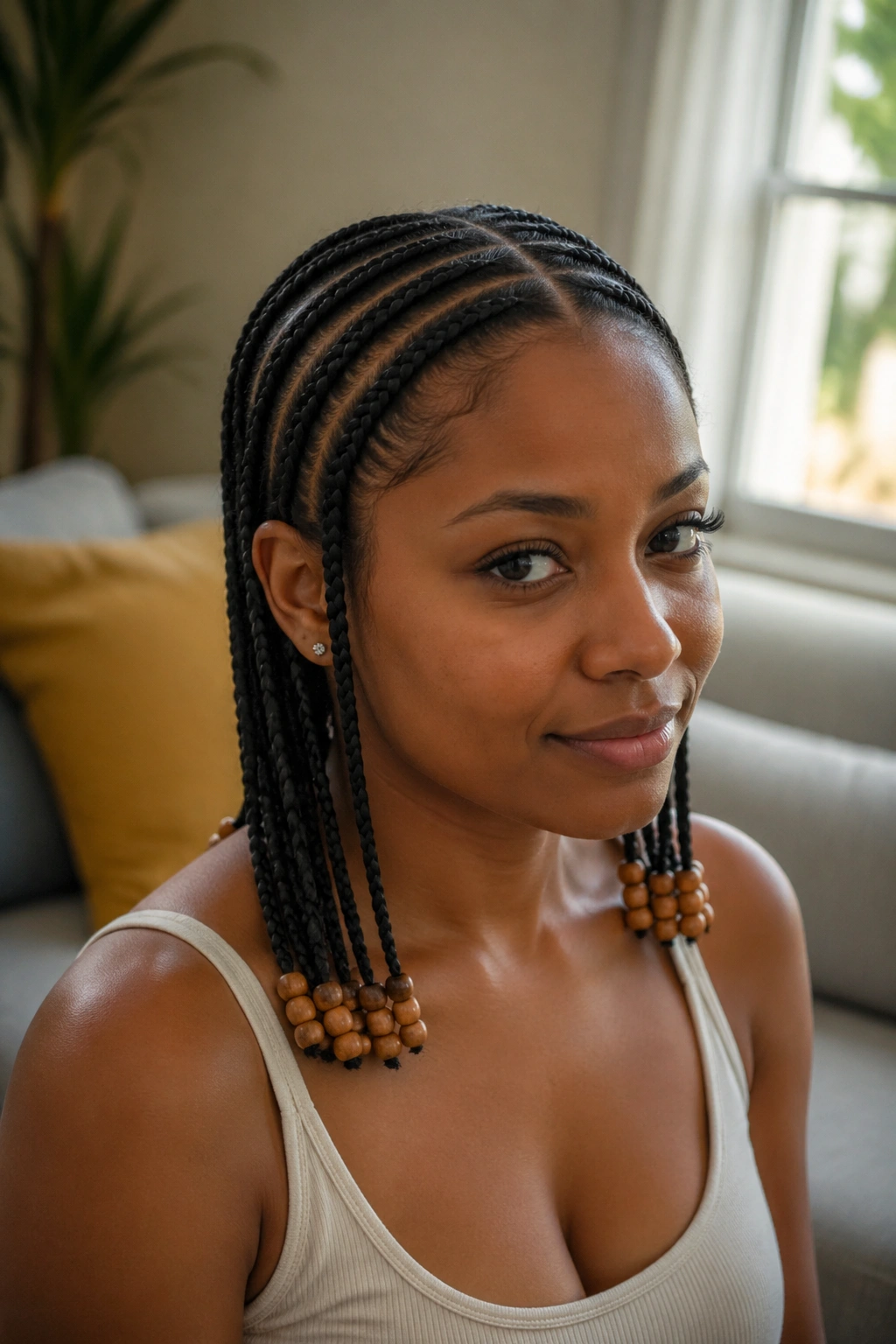 Close-up of a real woman with eight thin cornrows ending in wooden beads.