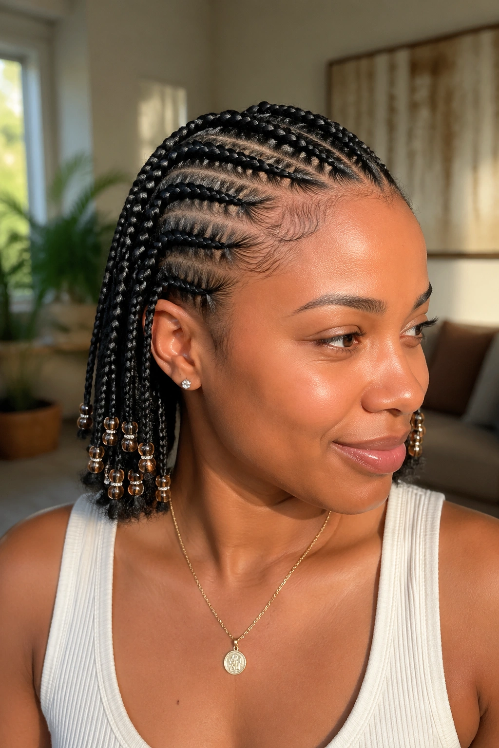 Close-up portrait of a real woman with beads on the ends of half cornrows
