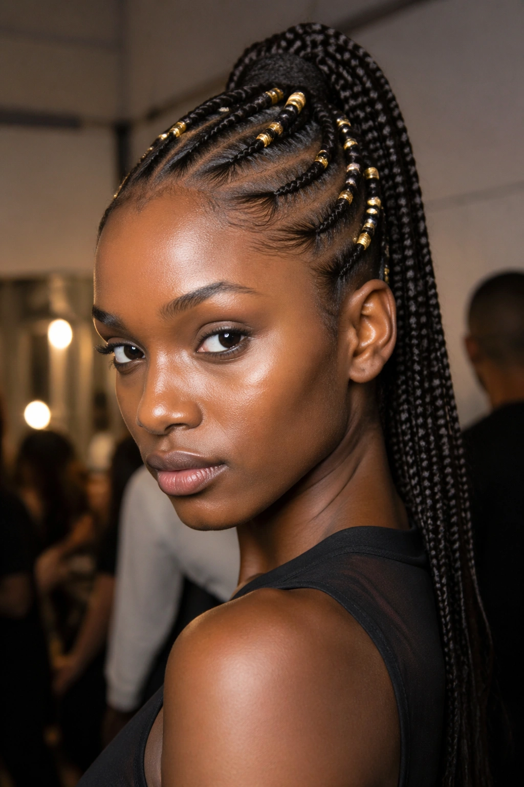 Close-up of cornrow ponytail with beaded cornrows on a real woman