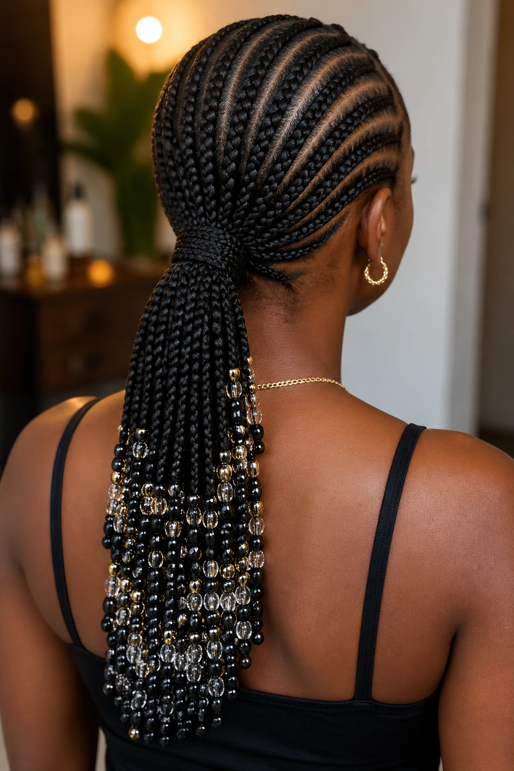 Back view of beaded cornrows flowing into a ponytail with beads along the length.