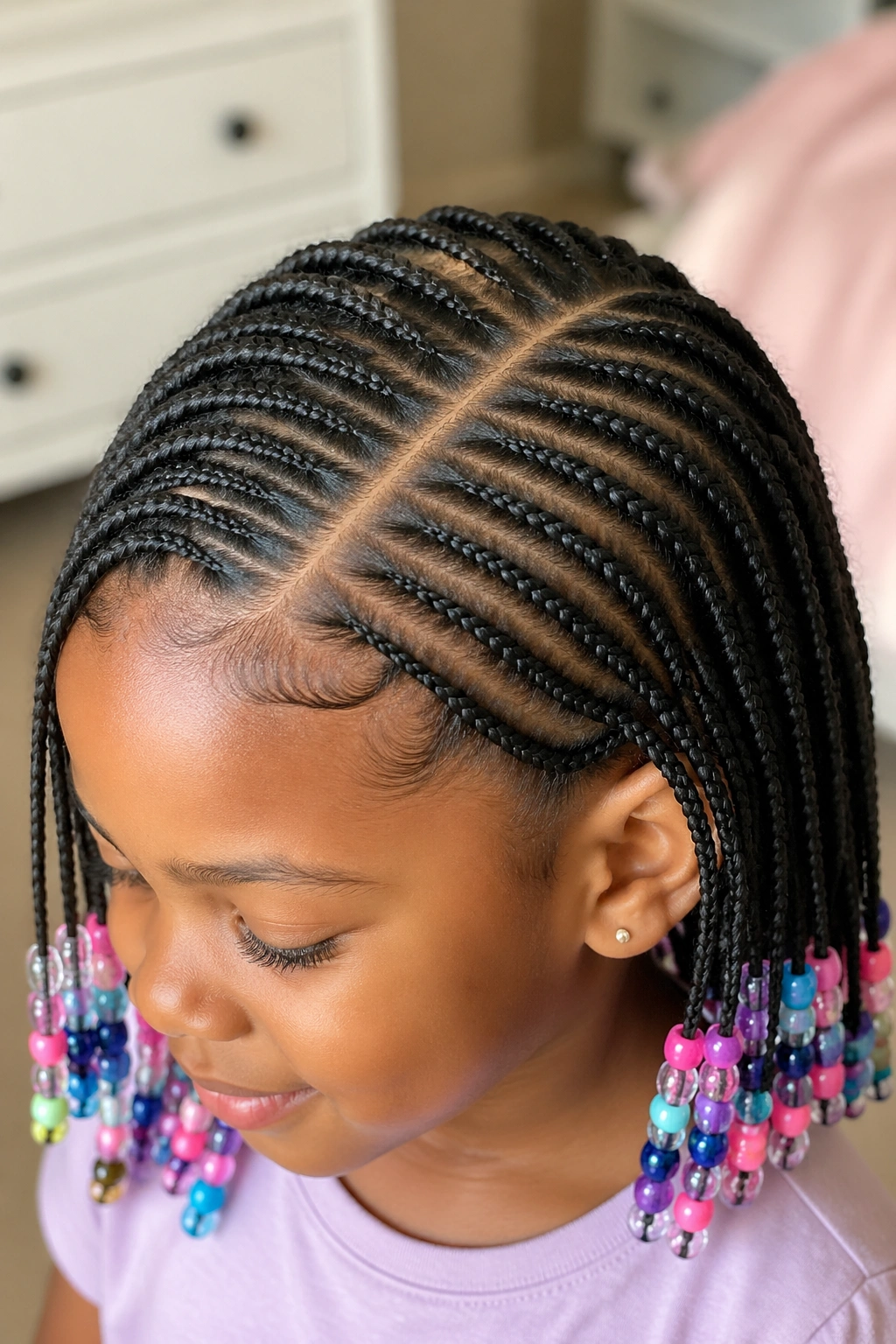 Close-up of side-parted cornrows with beads on a child’s head