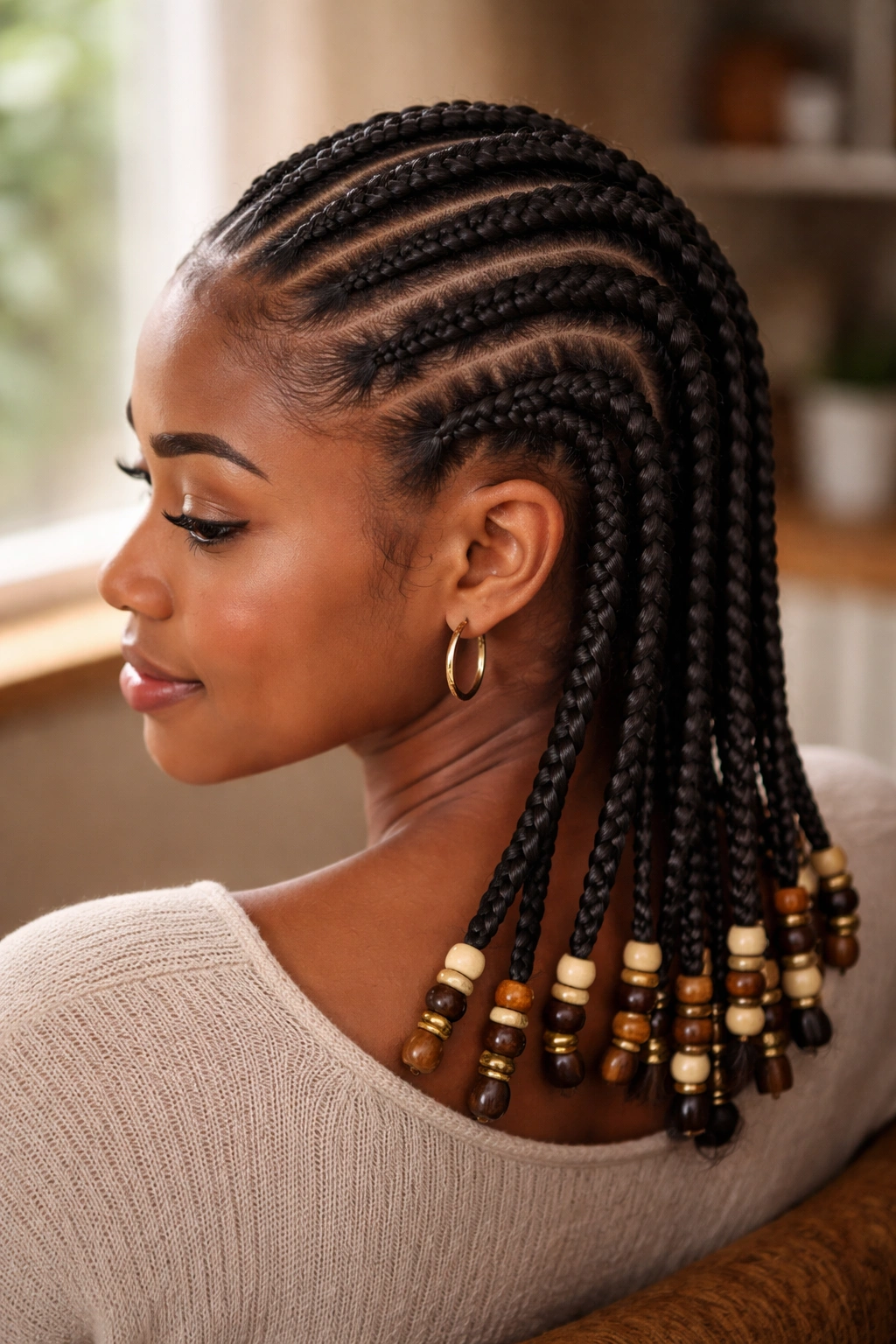 Close-up of seven cornrows with beads at the ends on a real person