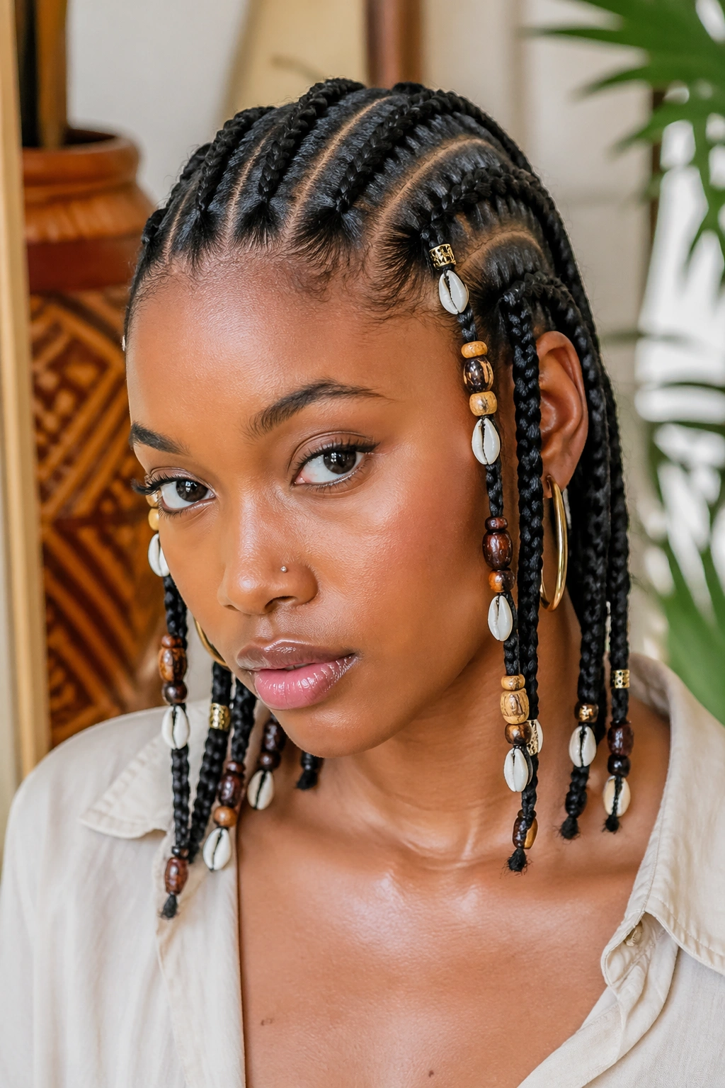 Close-up of five cornrows with tribal beads on each braid