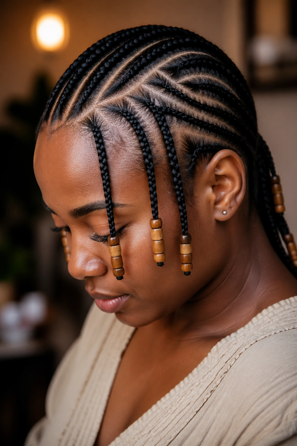 Real woman wearing tribal cornrows with accent beads on selected braids
