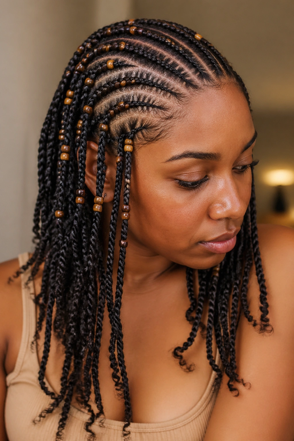 Beaded cornrows with twist tails on a real person, wooden beads along the braids.
