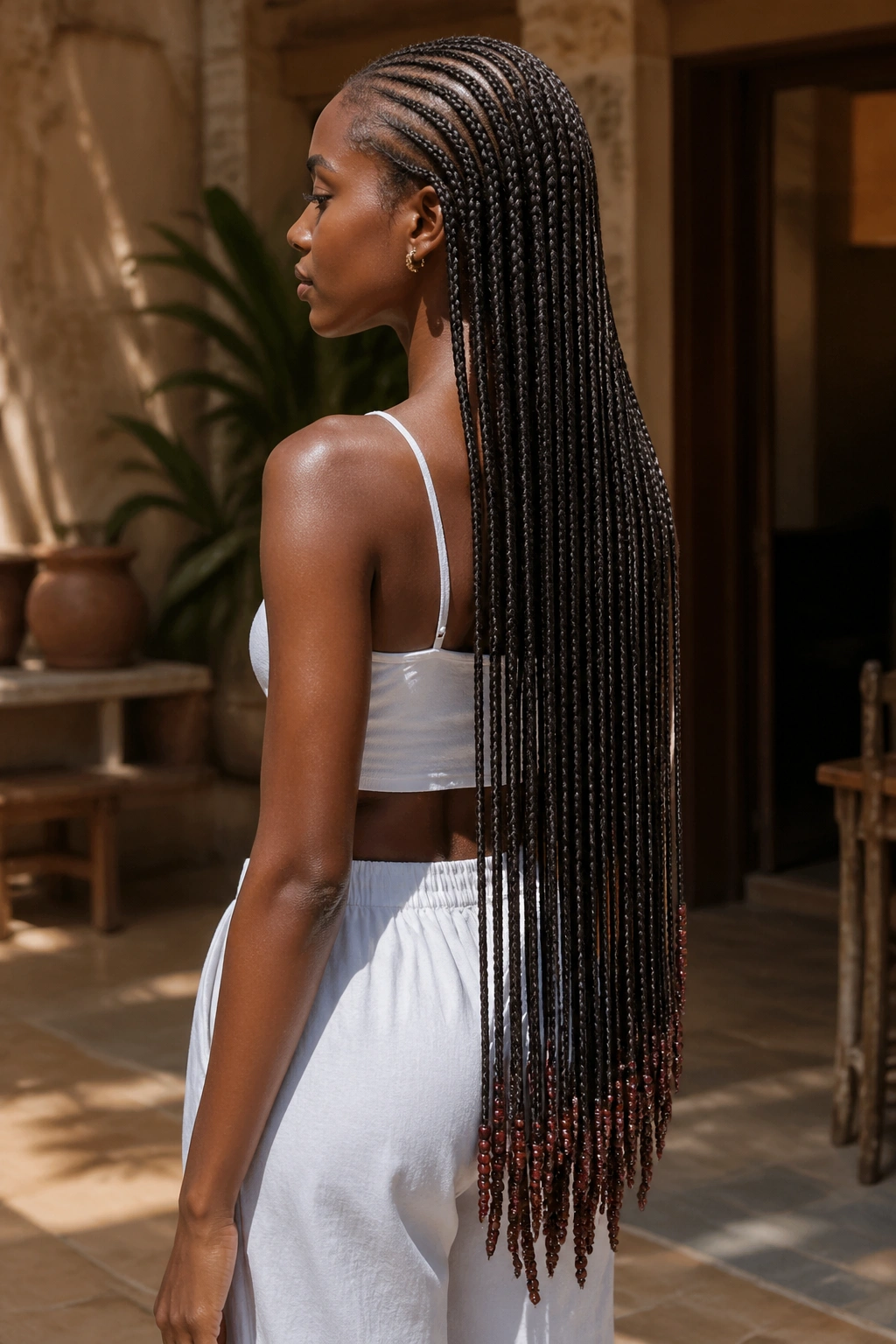 Profile view of many ultra-thin beaded-tip cornrows cascading to waist