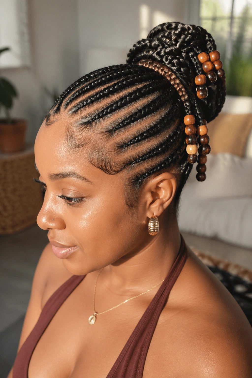 Real person with beaded cornrow ends forming an glamorous updo.