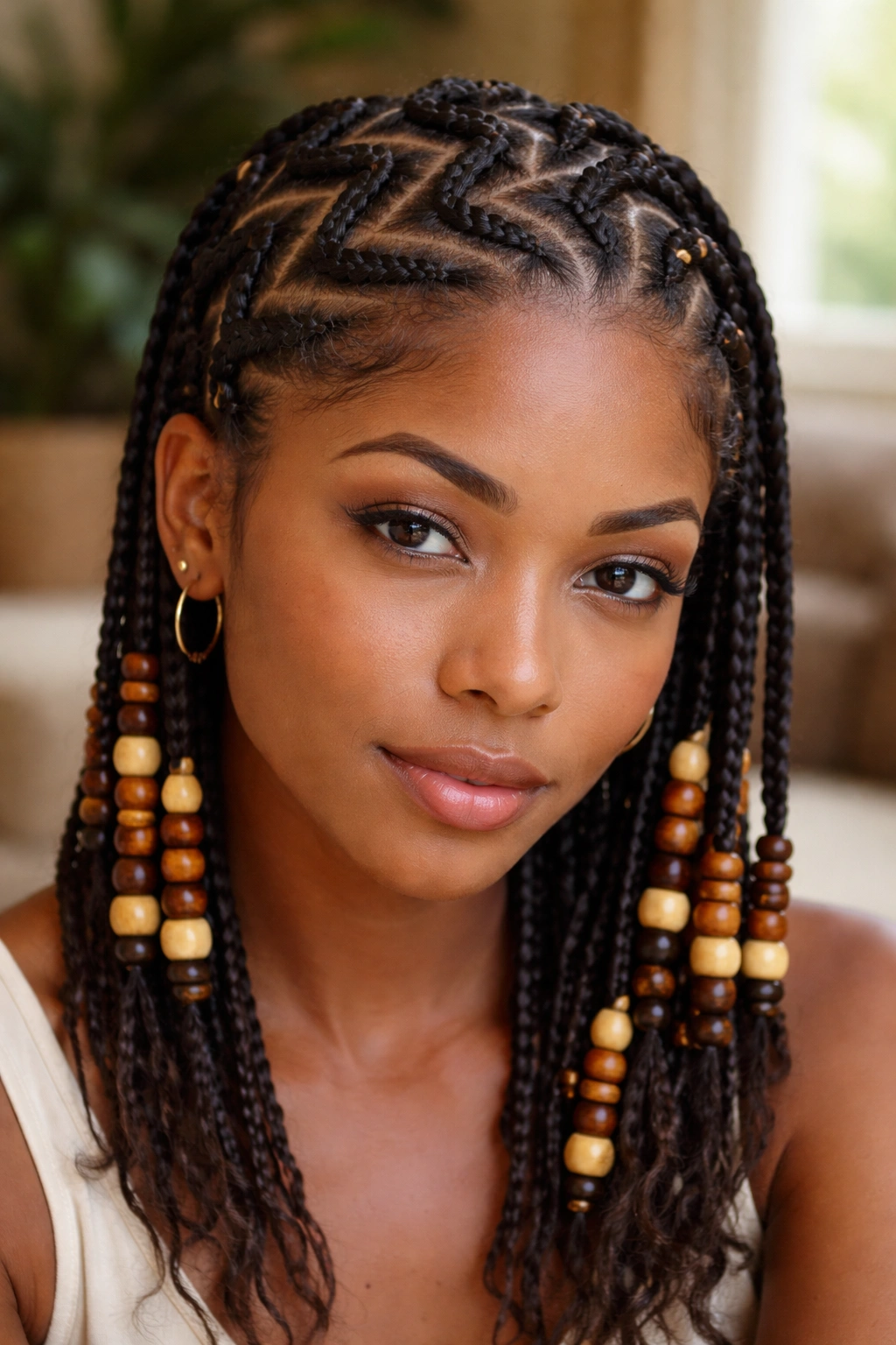 Zigzag cornrows with earth tone wood beads on real person's head