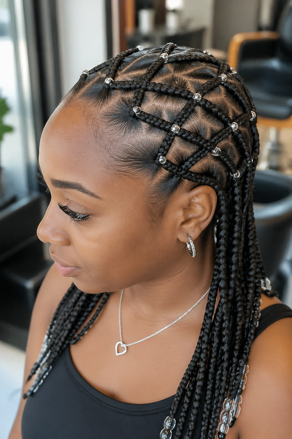 Close-up of criss-cross cornrows with beads at intersections on a real person