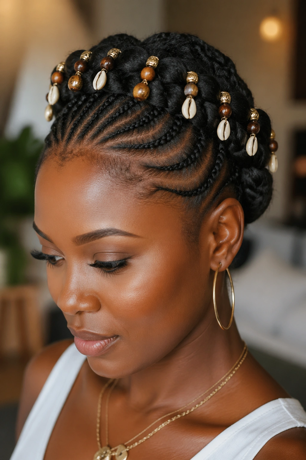 Close-up of a real Black woman with a beaded crown cornrow updo
