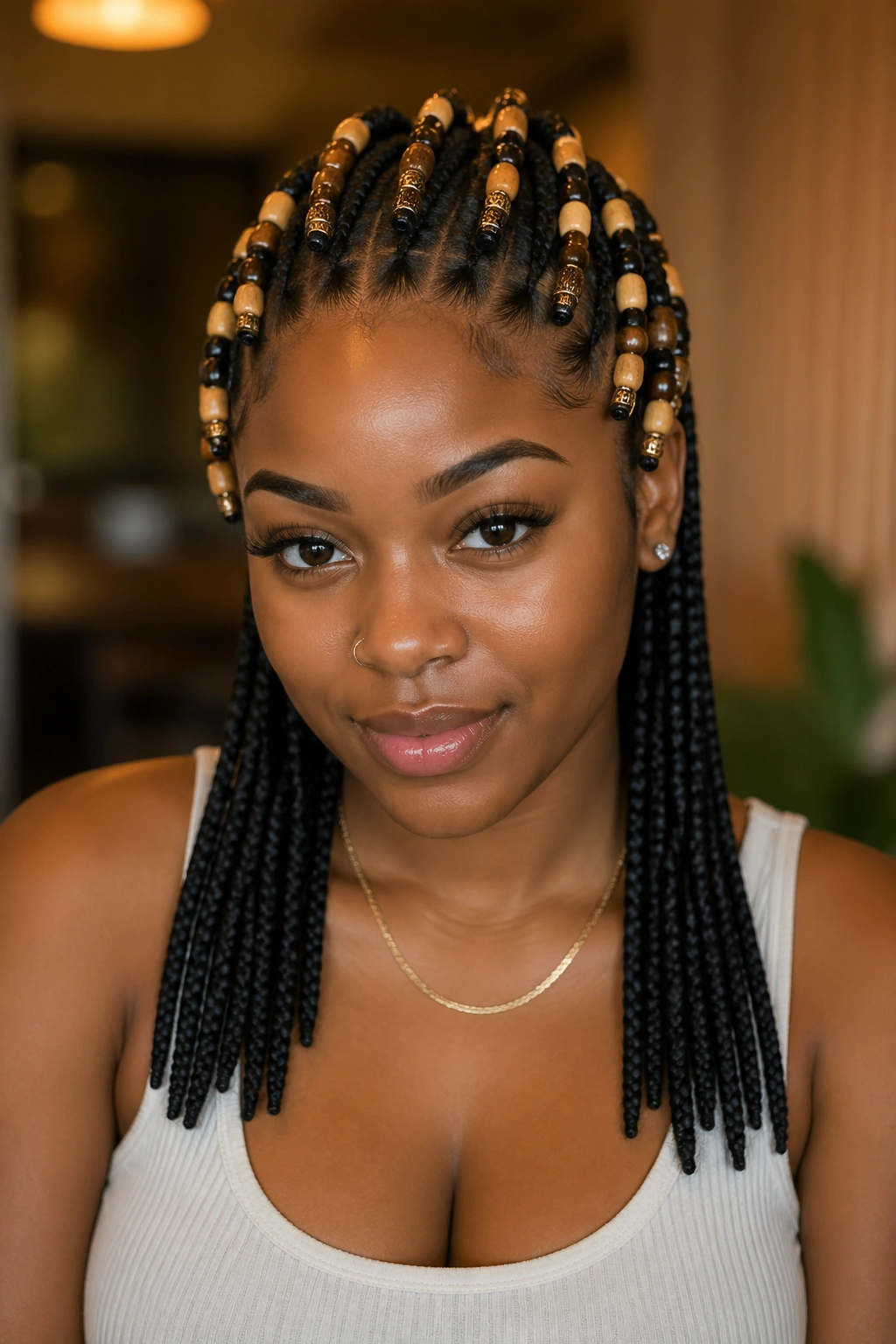 Front portrait of real woman with beaded crown at the scalp and plain lower braids