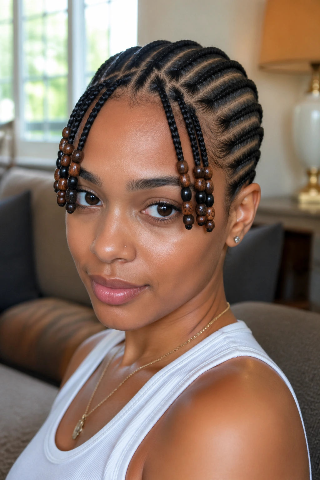 Close-up of a real woman with a beaded crown: three front cornrows with beads forming a forehead curtain, four plain back braids.