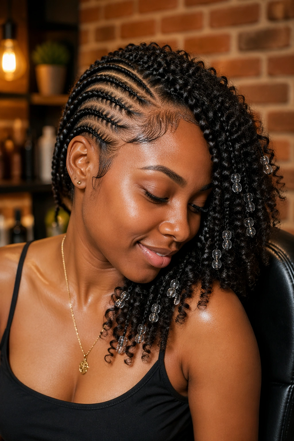 Real woman with side cornrows and beaded curls on the unbraided side, beads visible on curls.