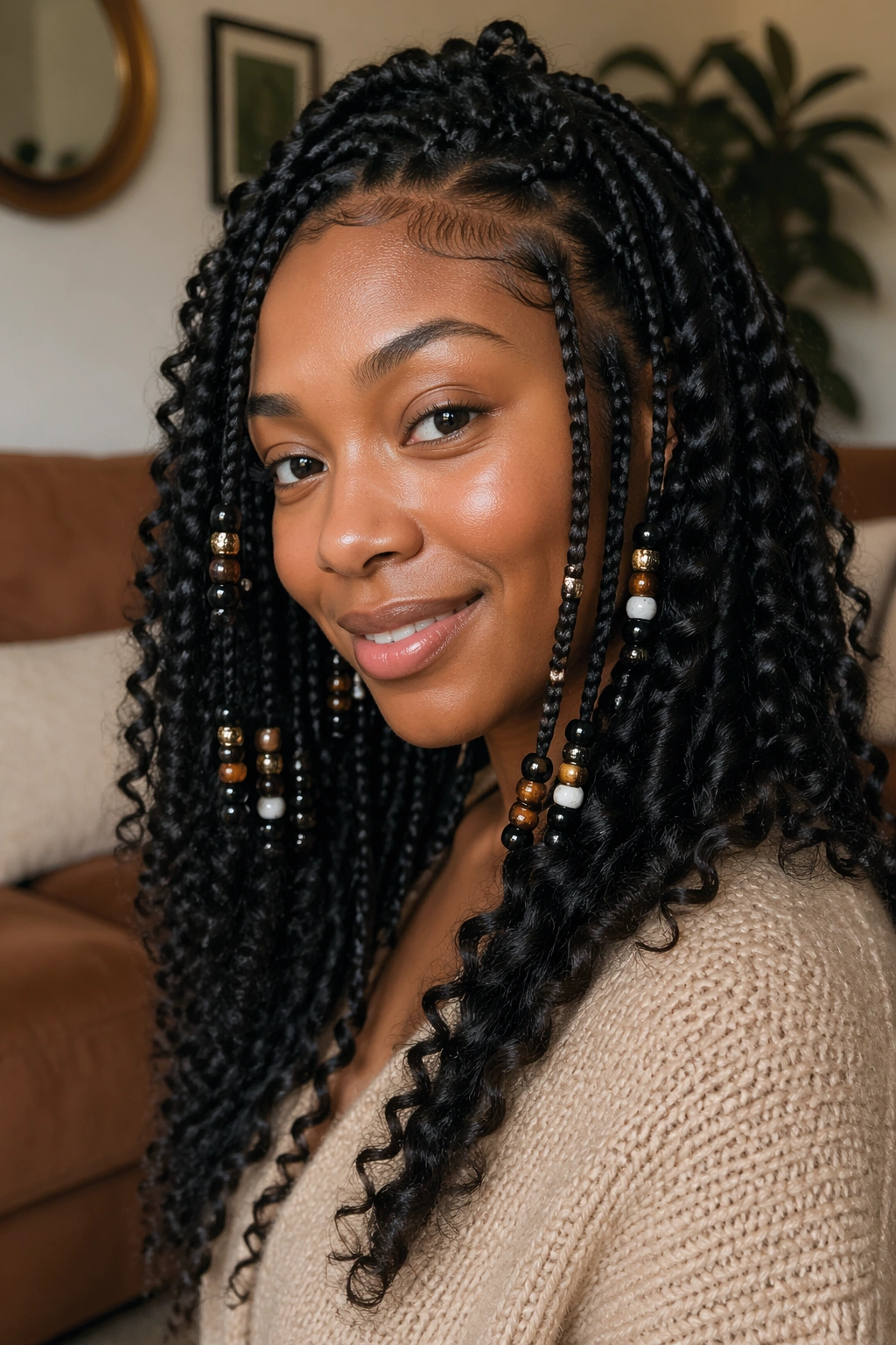 Real woman with beaded curly box braids showing beads on the ends.