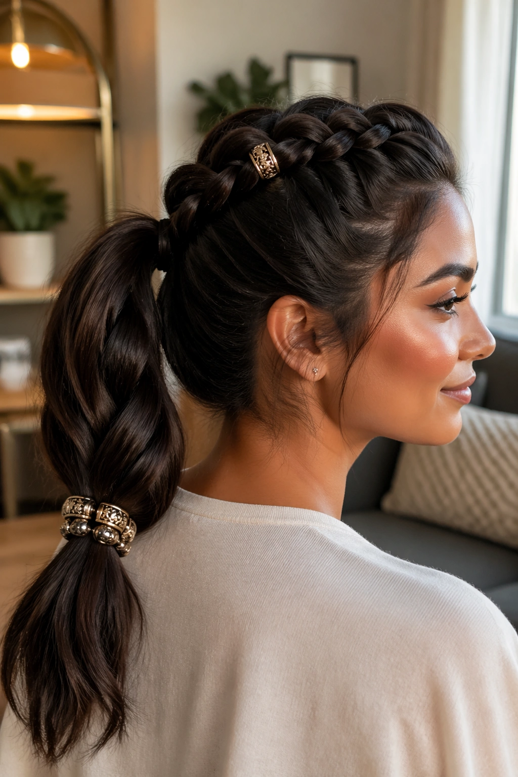 Close-up of beaded Dutch braid ponytail on a real woman with beads placed along the braid