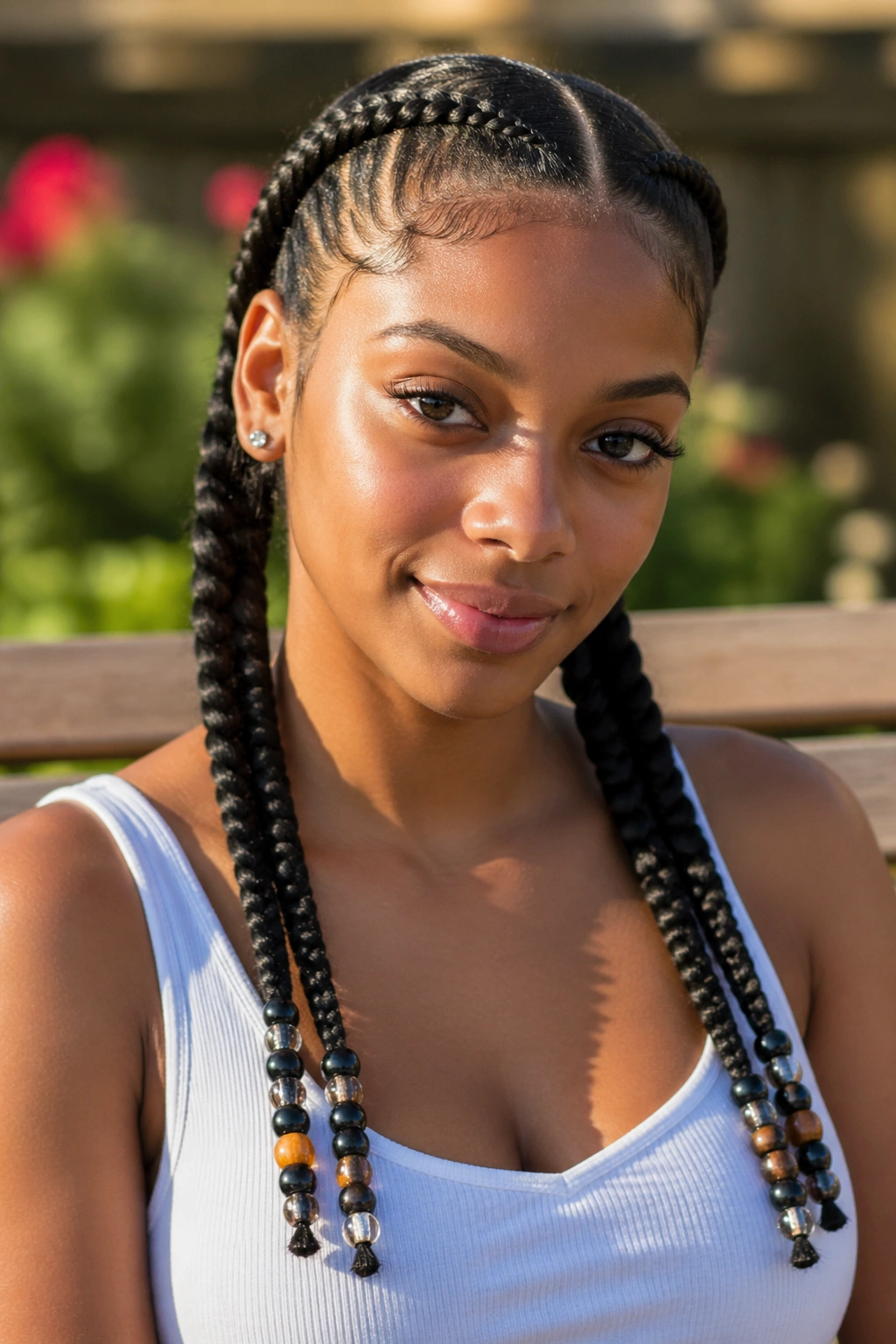 Beaded-end twin braids on a real person, beads at braid ends