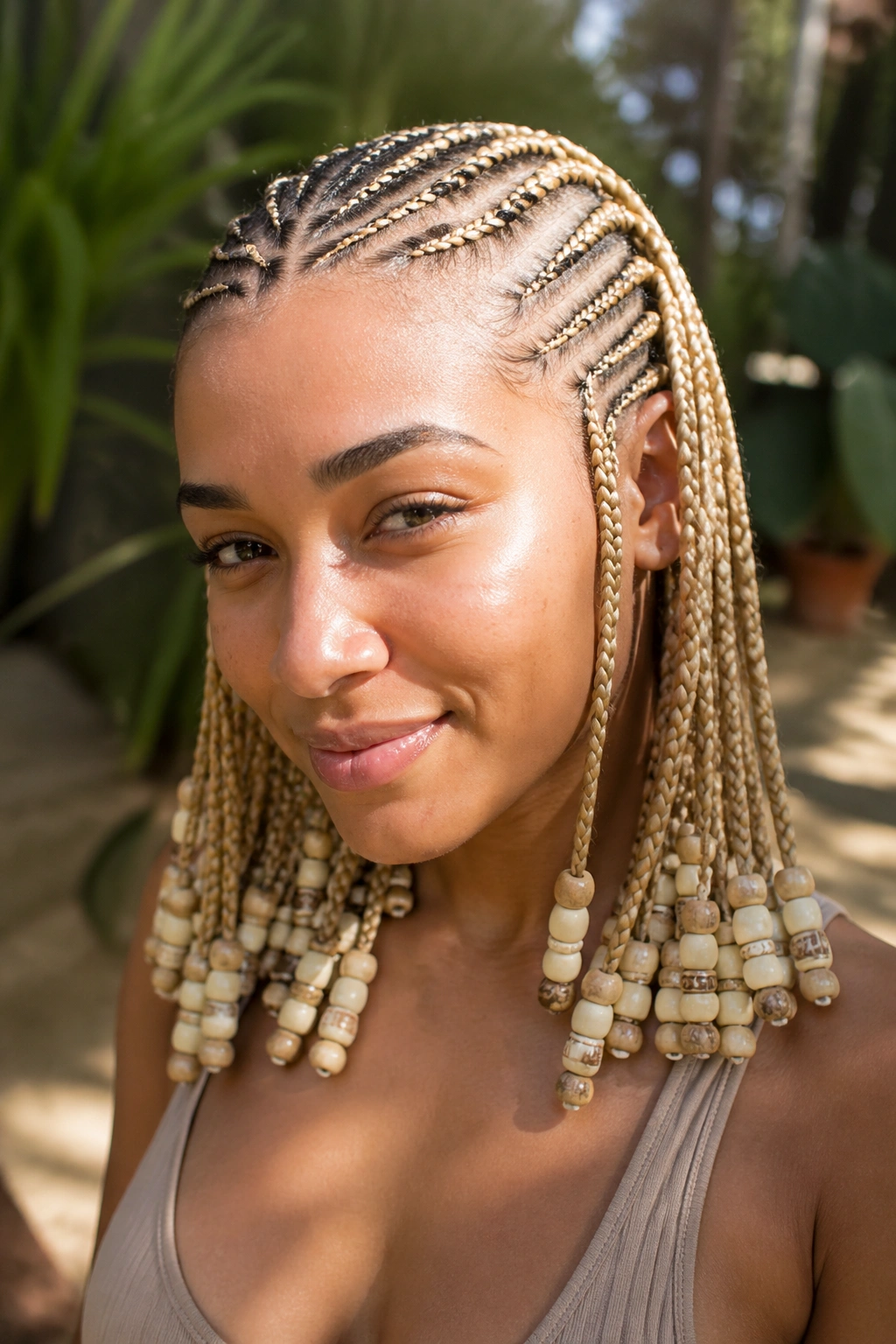 Stitch cornrows with beaded ends in beige blonde on a real person.