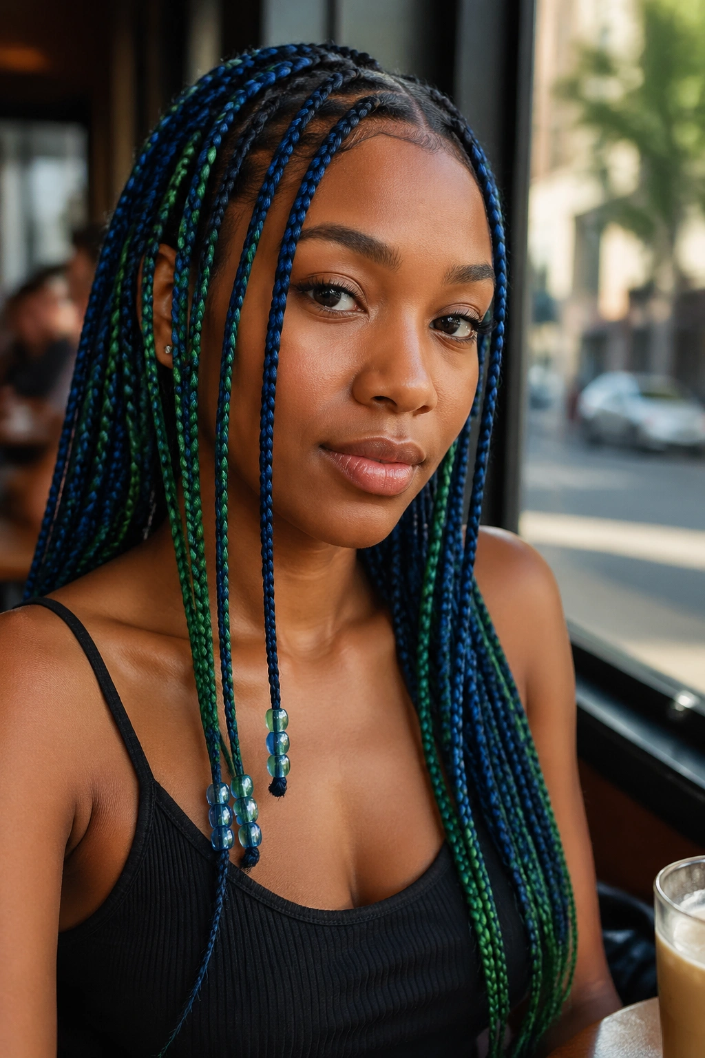 Portrait of a real person with blue and green box braids featuring beaded ends.