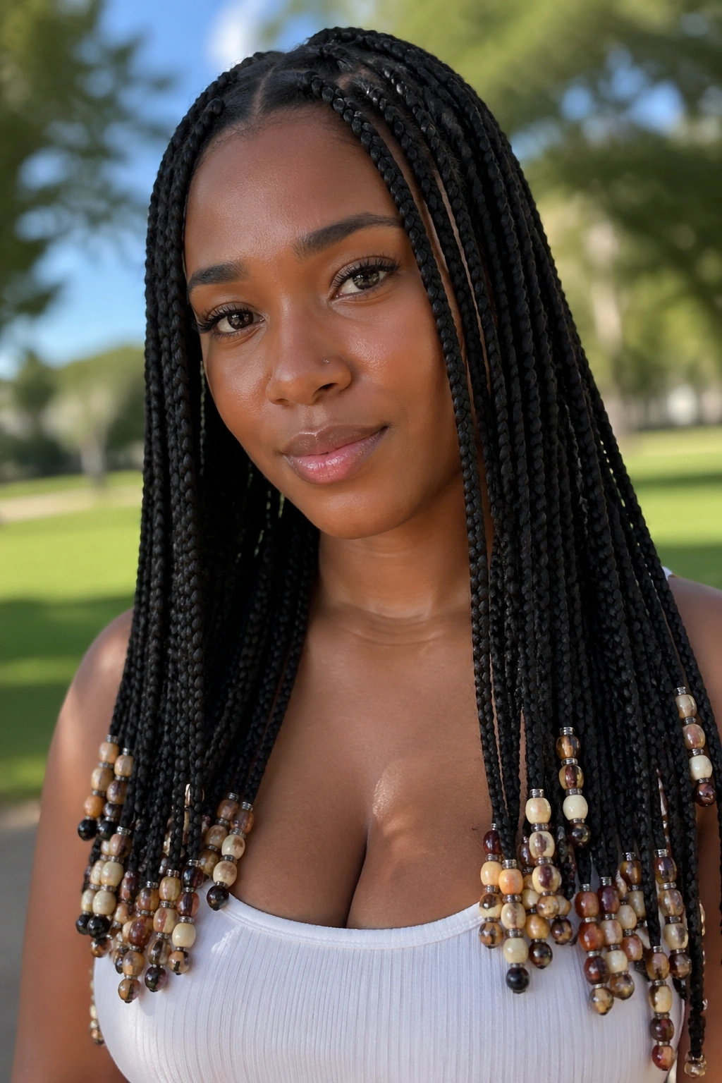 Close-up portrait of a real woman with beaded ends box braids