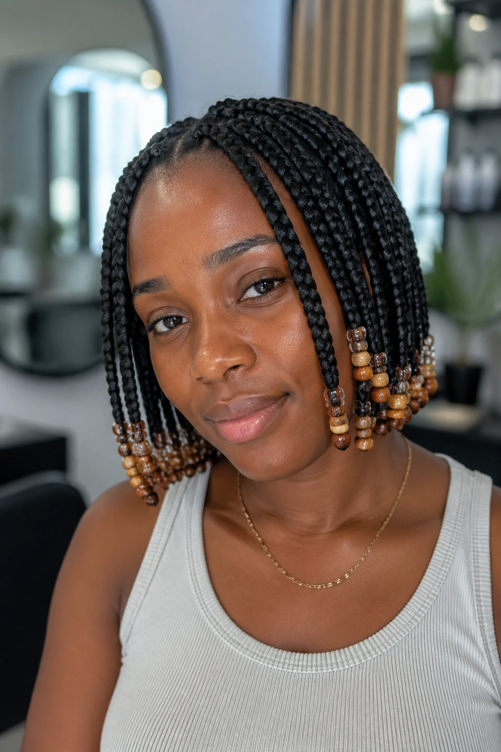 Close-up of short box braids with beads at the ends on a real person in a salon