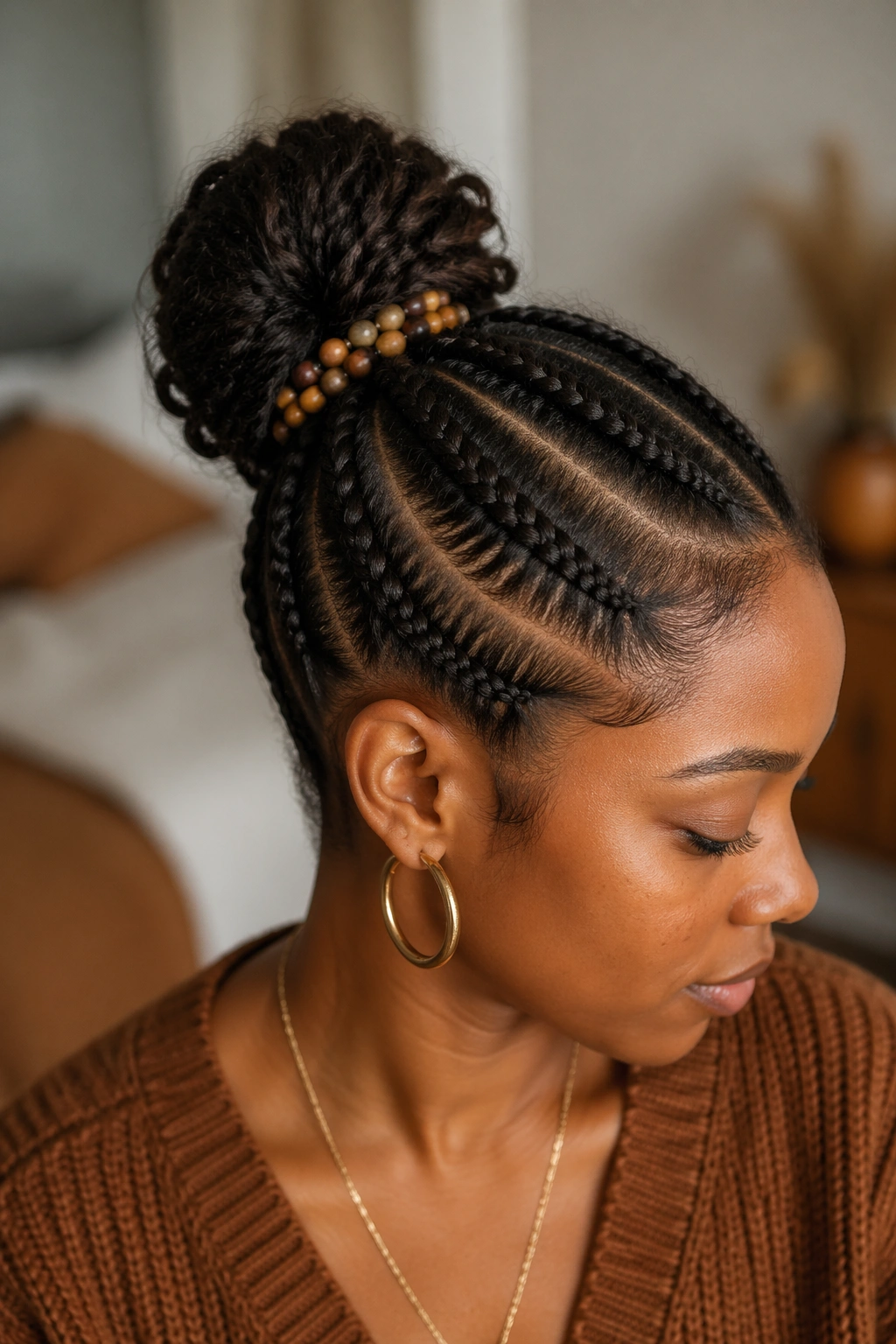 Close-up of a real woman with beaded ends on four cornrows showing from a loose bun