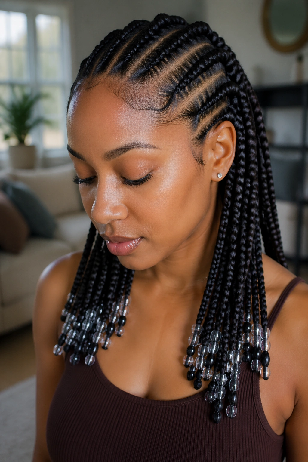 Close-up of a real woman with beaded-ended feed-in braids