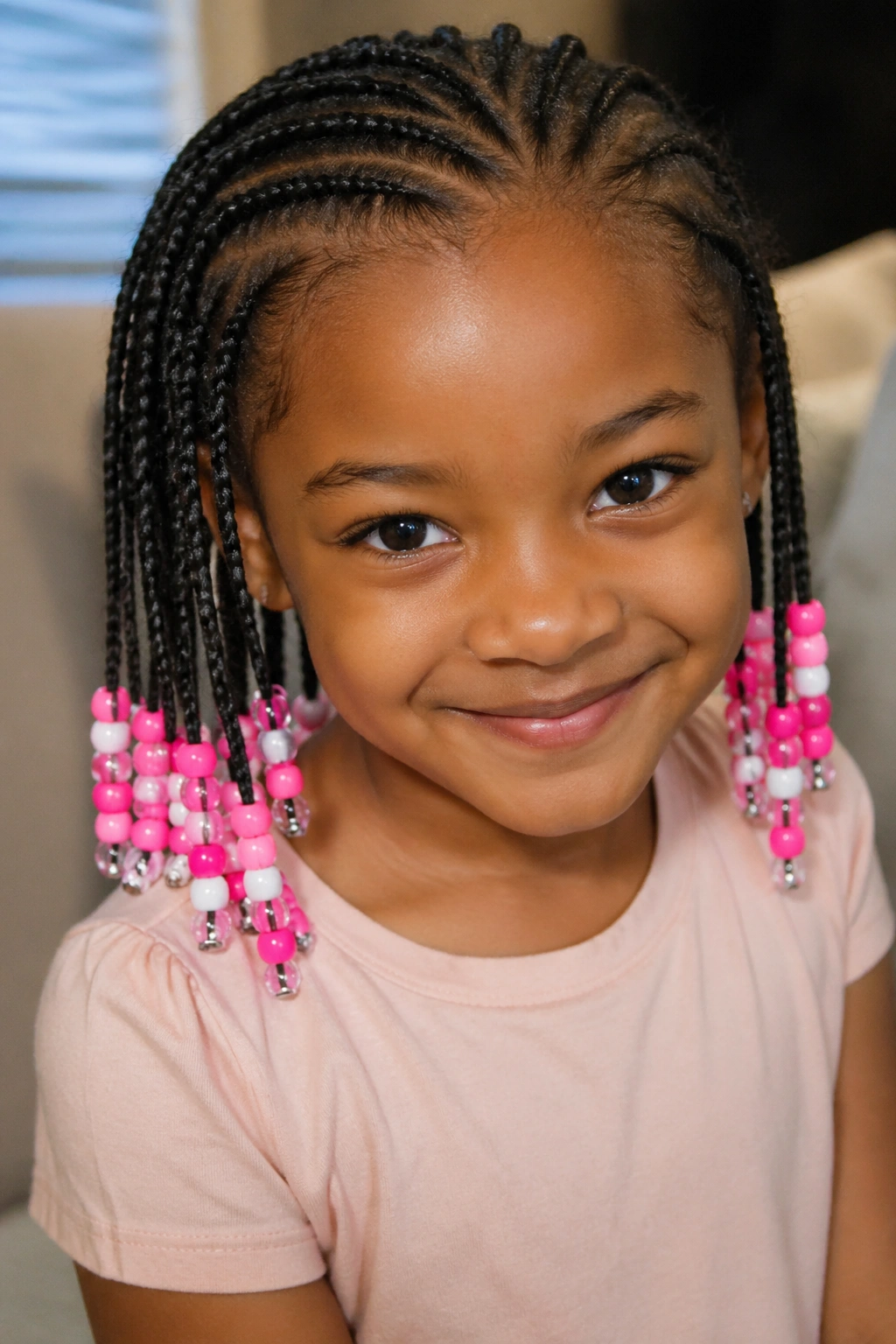 Child with cornrows ending in beads under soft indoor light