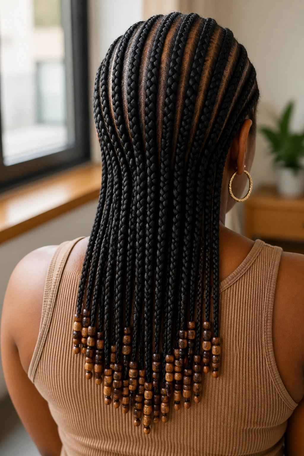 Back of head showing beaded ends on all-back cornrows