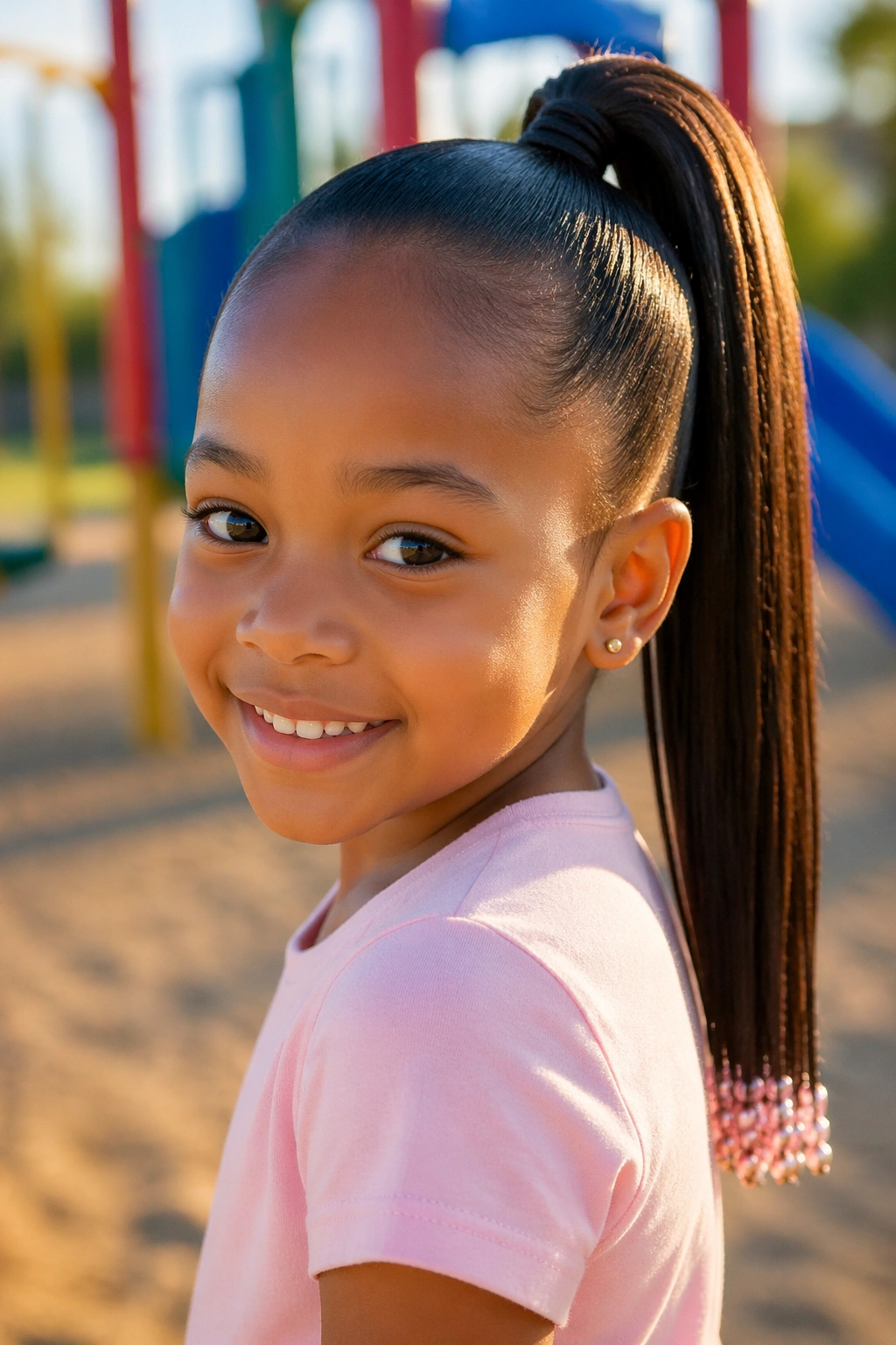 Close-up of a child with beaded-ends ponytail under golden hour sun