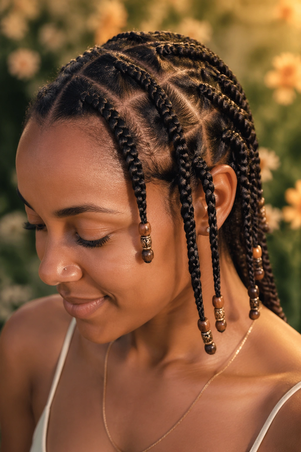 Close-up of a real woman with flat twists and beaded accents