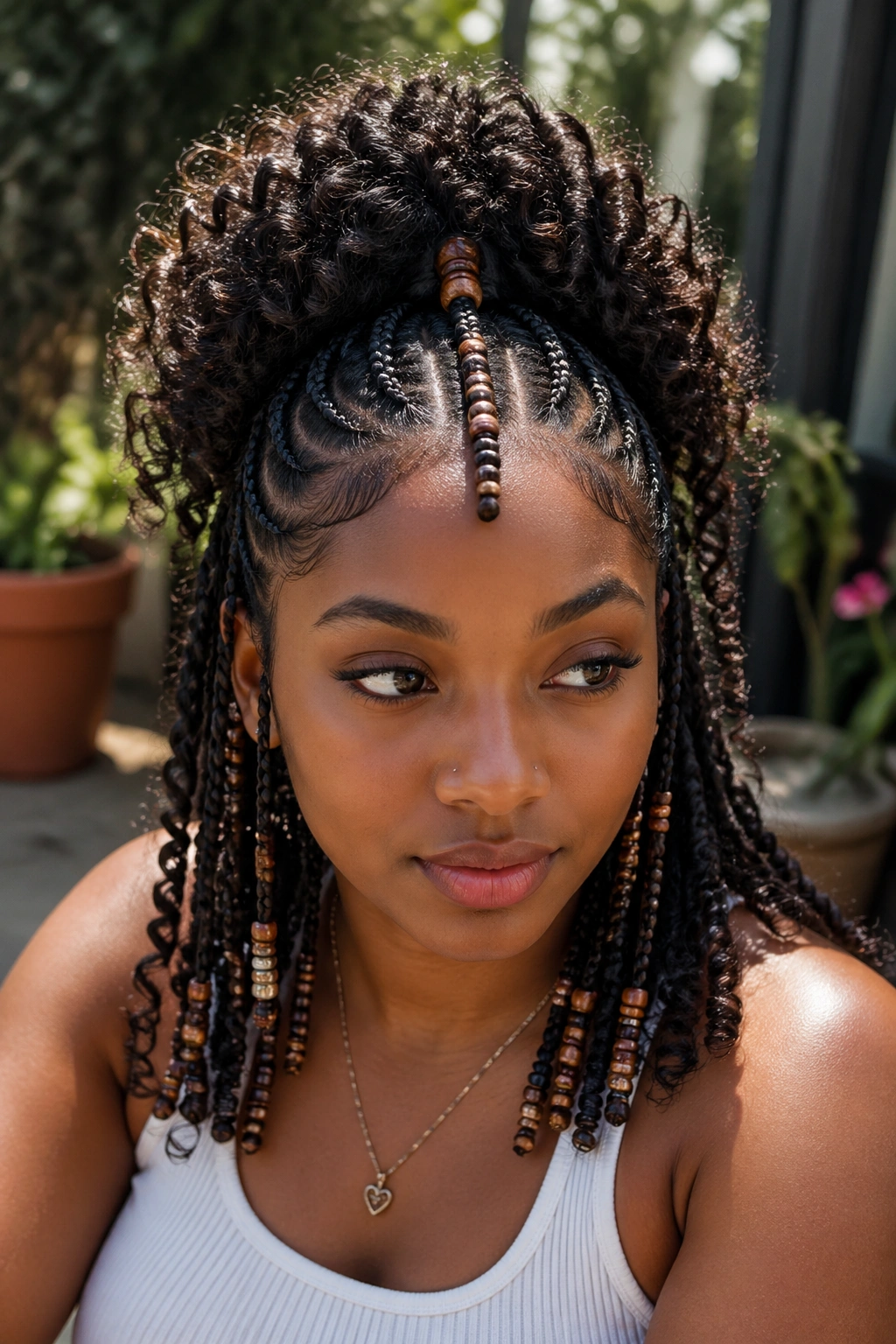 Portrait of a woman with beaded center braid and curled crown, natural lighting.