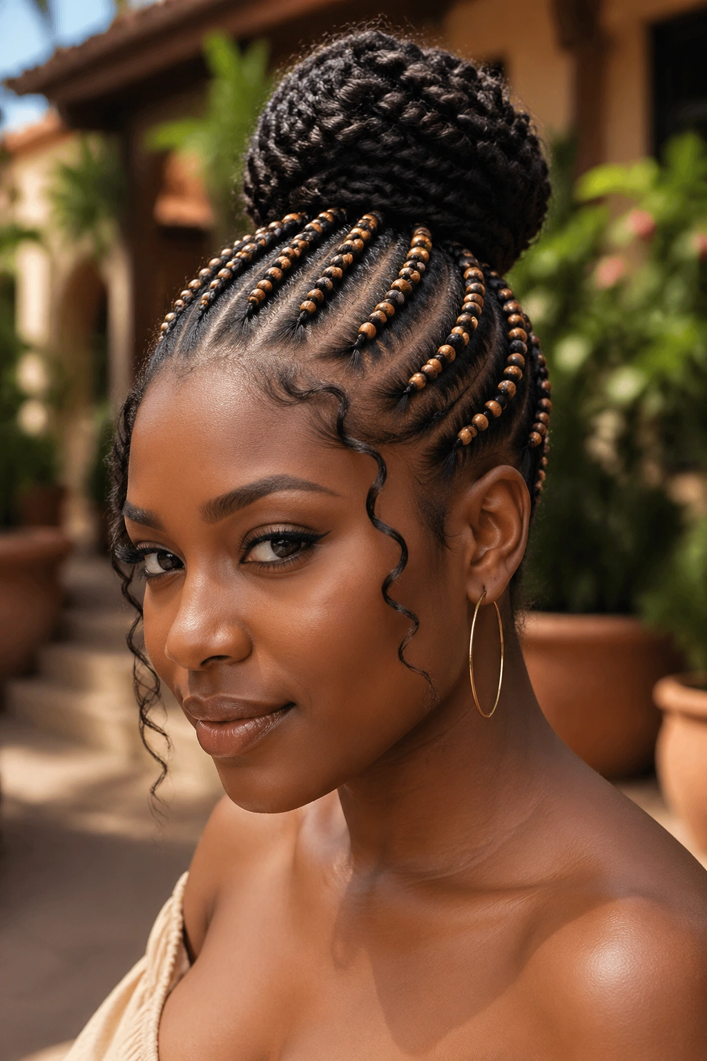 Close-up portrait of a real woman with beaded cornrows forming a bun