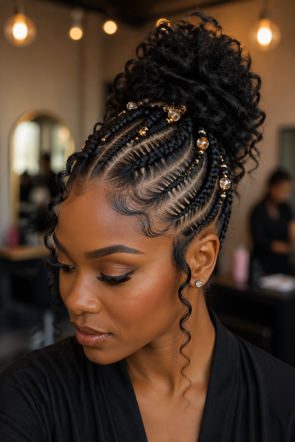Close-up of real woman with Beaded Goddess Updo showing beads along cornrows.