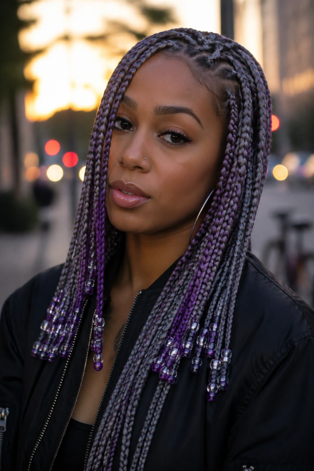 Close-up portrait of a real person with beaded grey and purple box braids.