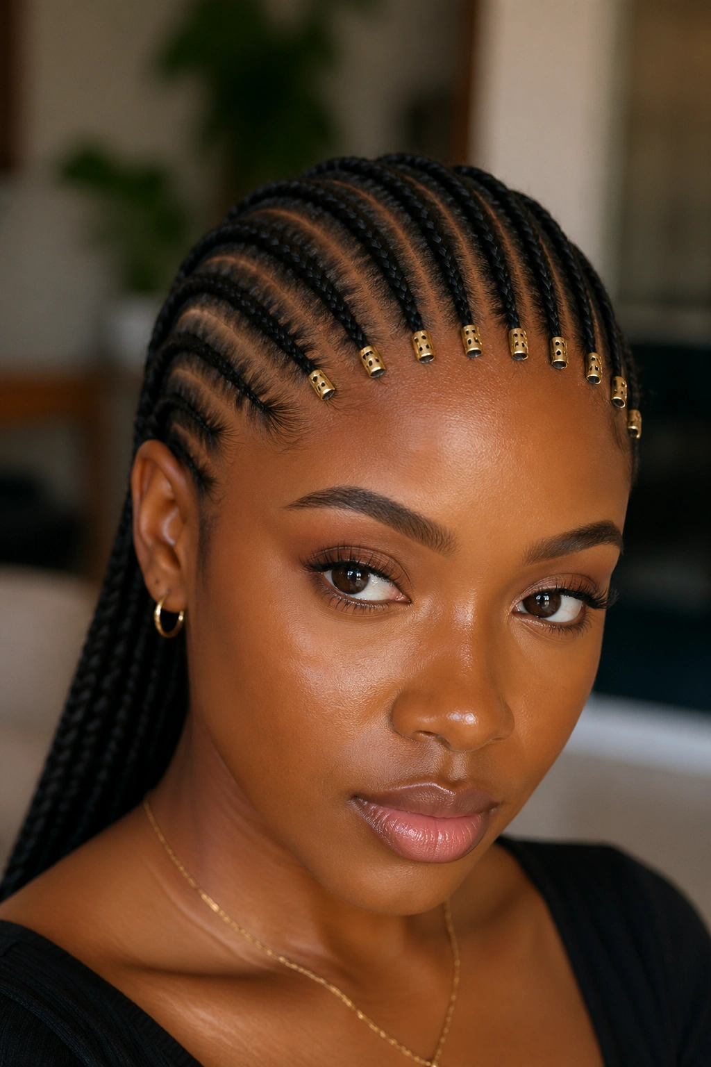 Close-up of cornrows with beaded ends only at the hairline