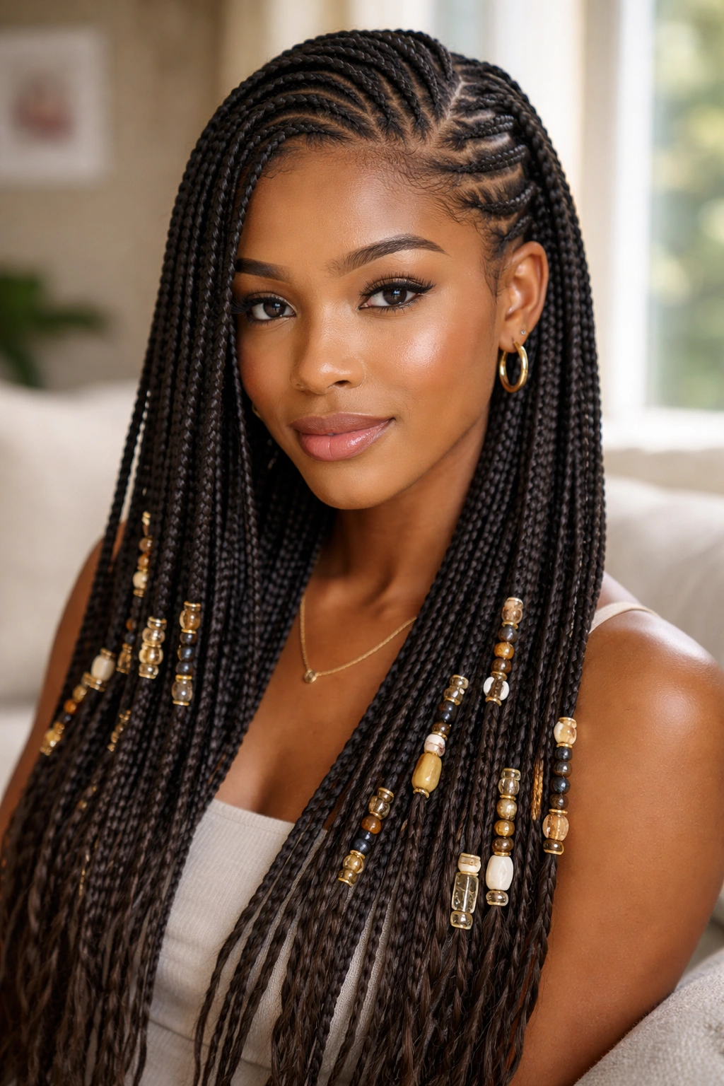 Beaded half cornrow with scattered beaded box braids on a real person