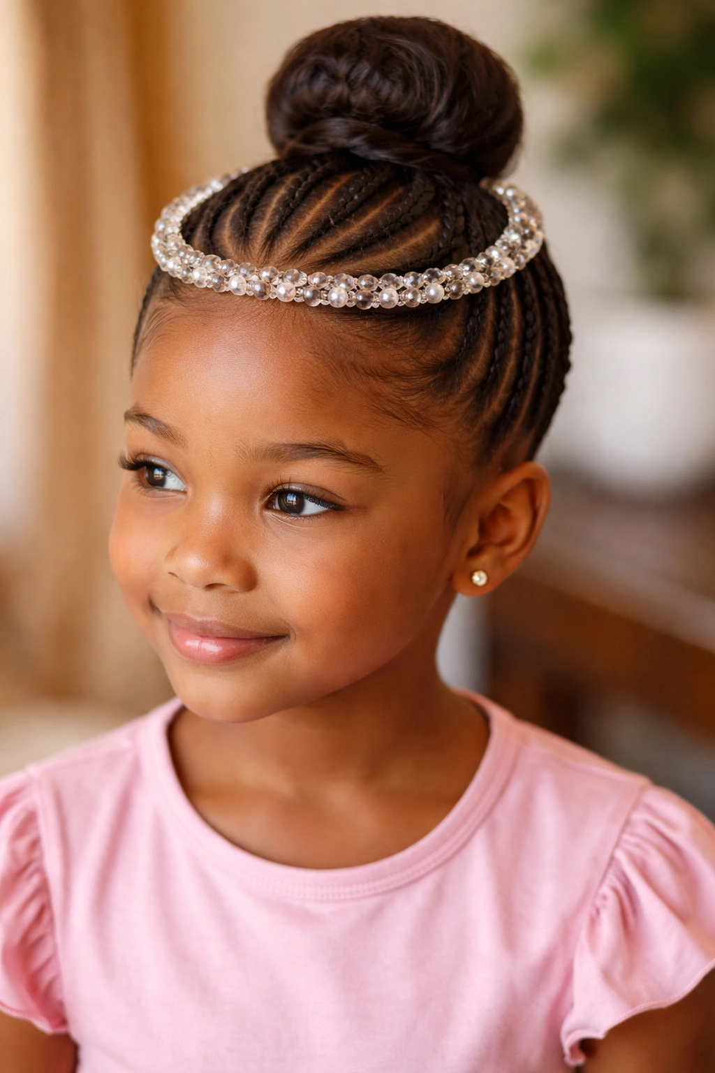 Girl with beaded halo and central bun