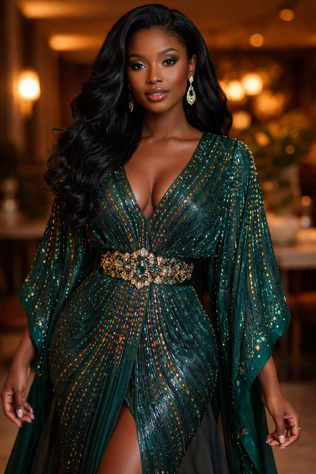 Woman in beaded kaftan with jeweled belt in elegant interior