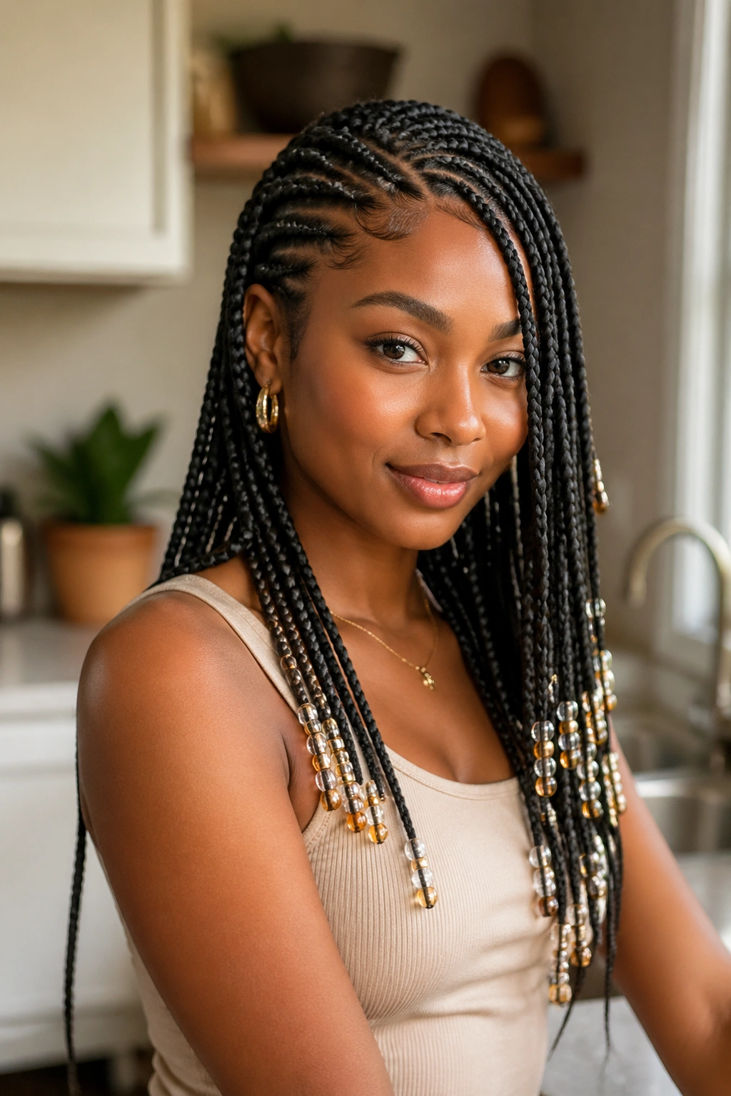 Real woman with beaded lemonade box braids, beads on front braids.