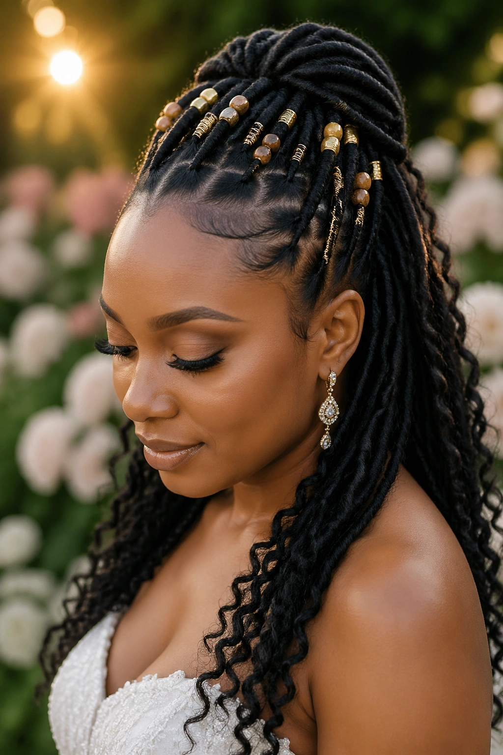 Beaded locs half-up bridal hairstyle on a real woman.