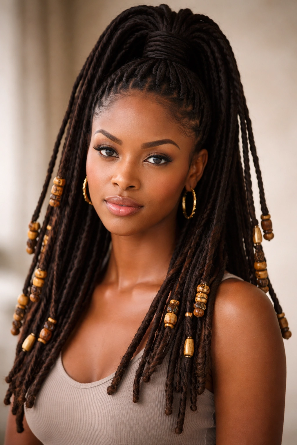 Close-up of beaded locs forming a high ponytail with selective beads accentuating the silhouette