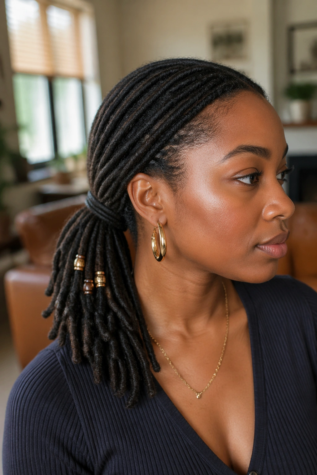 Close-up of beaded low ponytail on a woman with locs at the nape