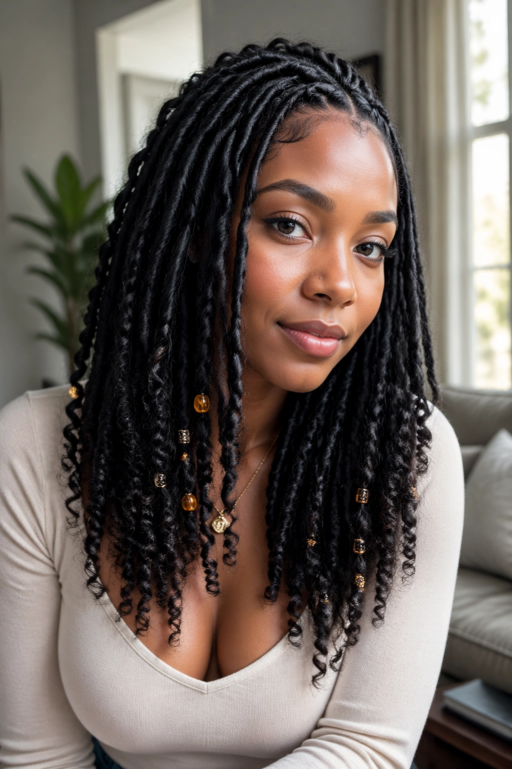 Close-up of a real woman with beaded curly faux locs with beads on the ends