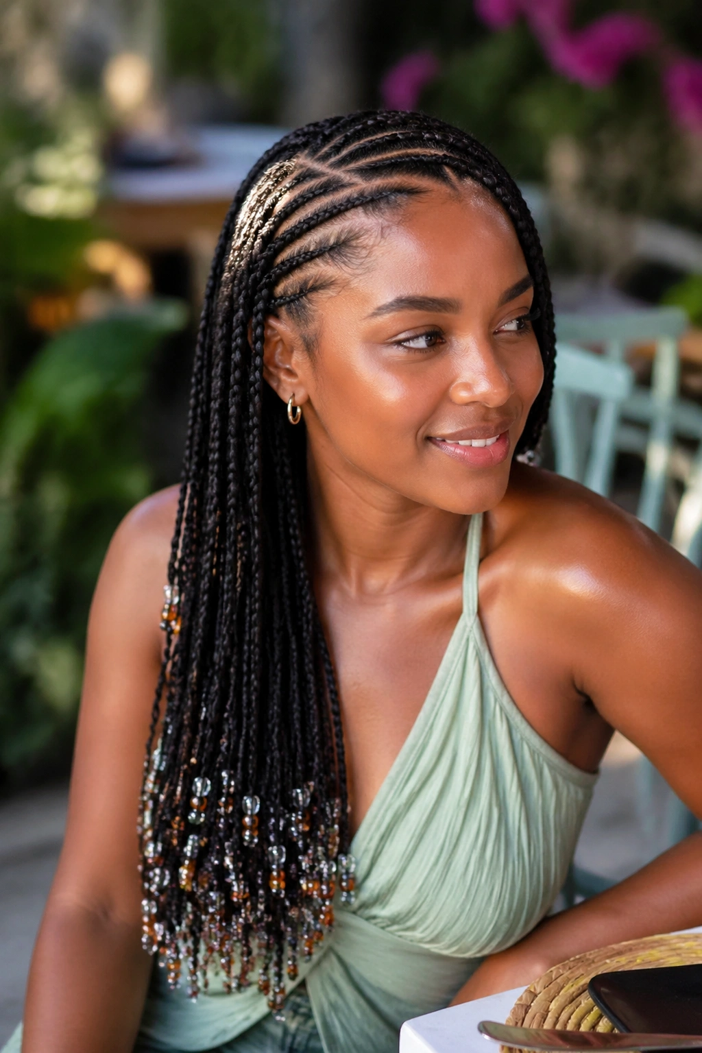 Real woman with beaded loose ends transitioning from cornrows