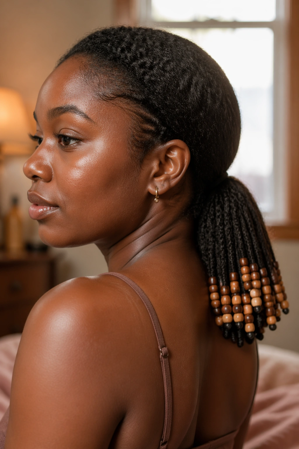 Close-up of a real woman with a beaded low ponytail on 4C hair