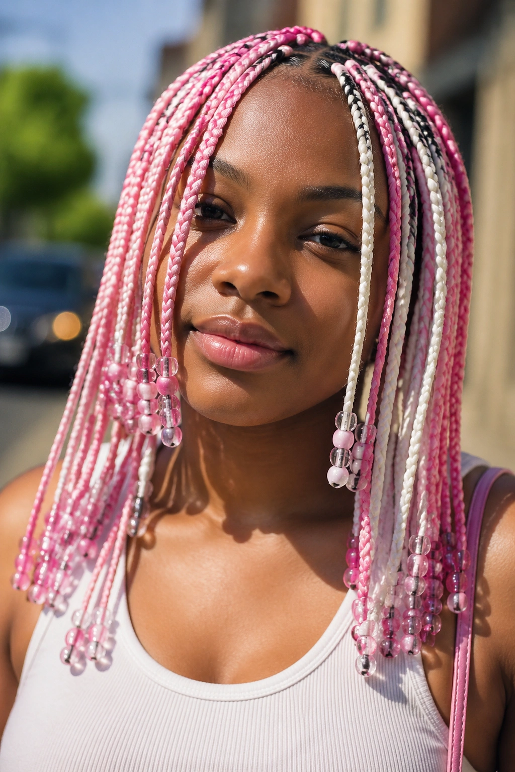 Close-up of pink and white box braids with beads on a real person.