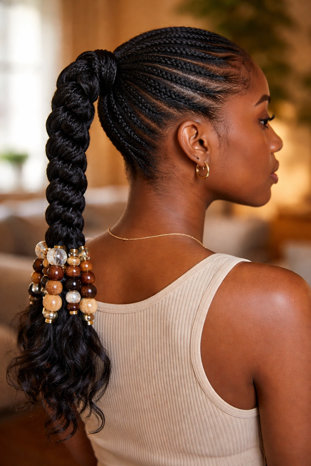 Close-up of a real woman with a beaded braided ponytail on 4C hair