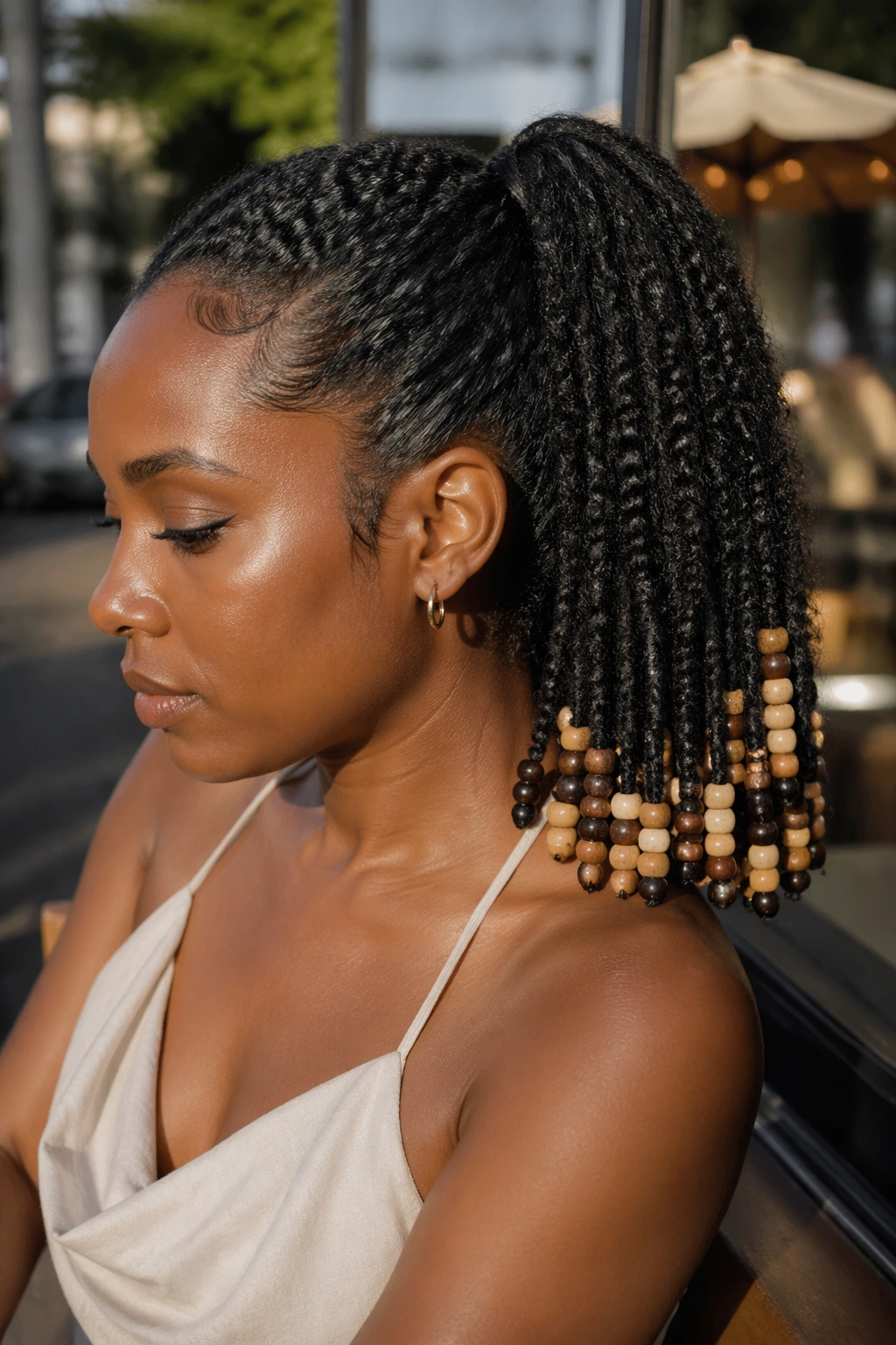 Close-up of beaded ponytail on a real person, beads at the end enhancing 4A hair texture